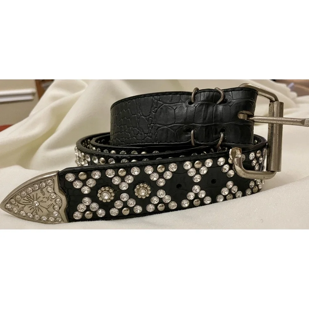 Studded Leather Belt Mens XL Black Rhinestone Western Buckle Croc Embossed